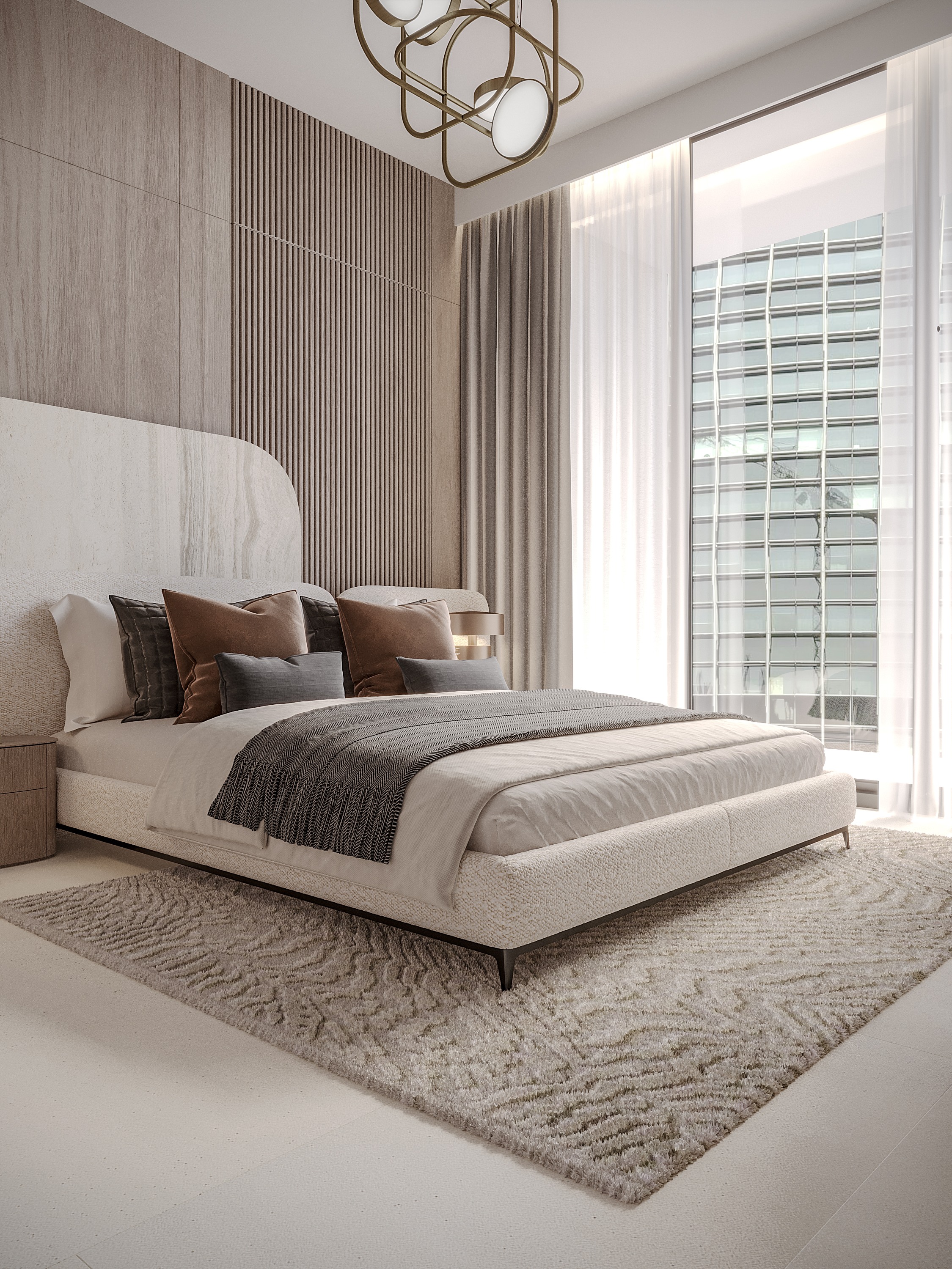 Calm bedroom with ribbed paneling