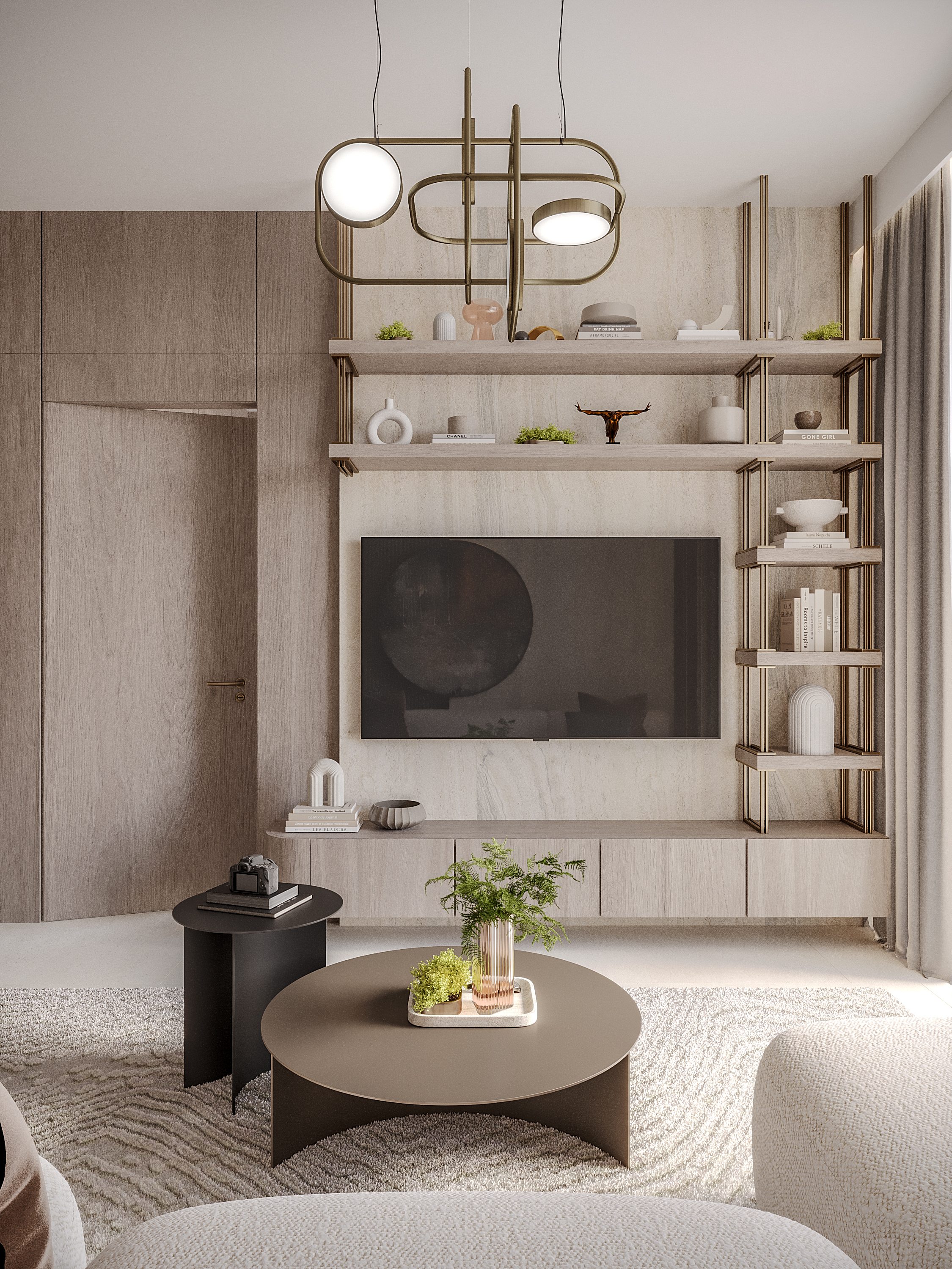 Feature shelving and chandelier